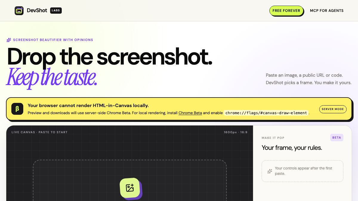 DevShot landing page